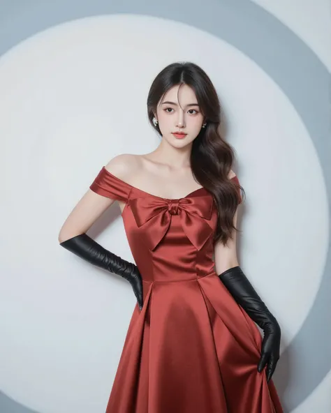 Sophisticated fashion portrait of a female model standing confidently against a minimalist backdrop with a circular white light projection behind her, creating a dramatic halo effect.
She is wearing an off-shoulder satin evening gown in vibrant red with a ...