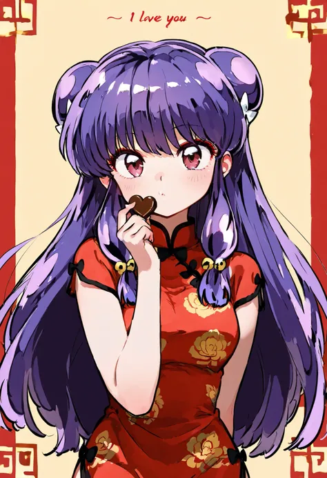 masterpiece, top quality , perfect face, Highest Resolution, 8k, 1 girl,  shampoo  (Ranma 1/2),  young,  red eyes,  long hair,  purple hair, Detailed depiction of bun knot hair ,  red eyeshadow ,  china dress,  I love you, A face in love,  will present cho...