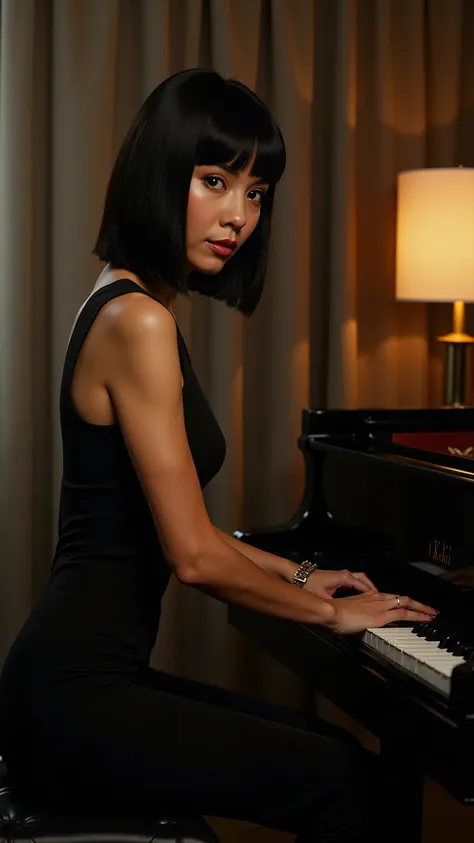 A stunning female model with medium-length jet-black hair styled in a sleek bob sits elegantly at a grand piano, viewed from the side. She wears a chic black sleeveless dress that drapes smoothly over her figure. Her posture is poised, with her hands resti...