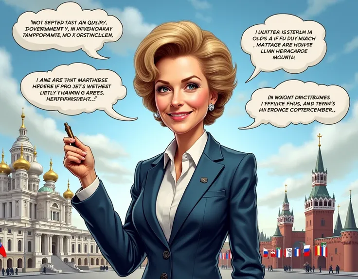 Political cartoon , Ultra-realistic photo 1 . **central character **:  - Portrait of Valentina Matvienko in a business suit expressing confidence and determination ,  caricatured big head 2 . ** Symbolic objects **:  - In her hands — a symbolic “stick of b...