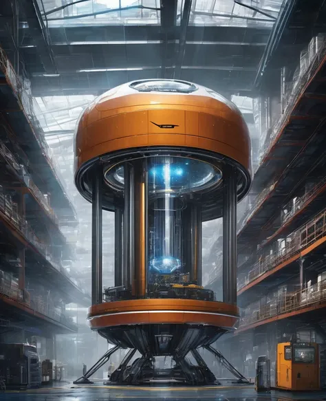  A giant machine similar to a 3D robot printer,  with a trapezoidal base , a glass cylinder in the center ,  located in a futuristic warehouse , concept art,  very detailed drawing , in a futuristic city