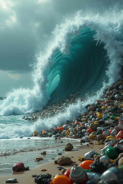 Polluted beach waves spew out garbage, Animated version 