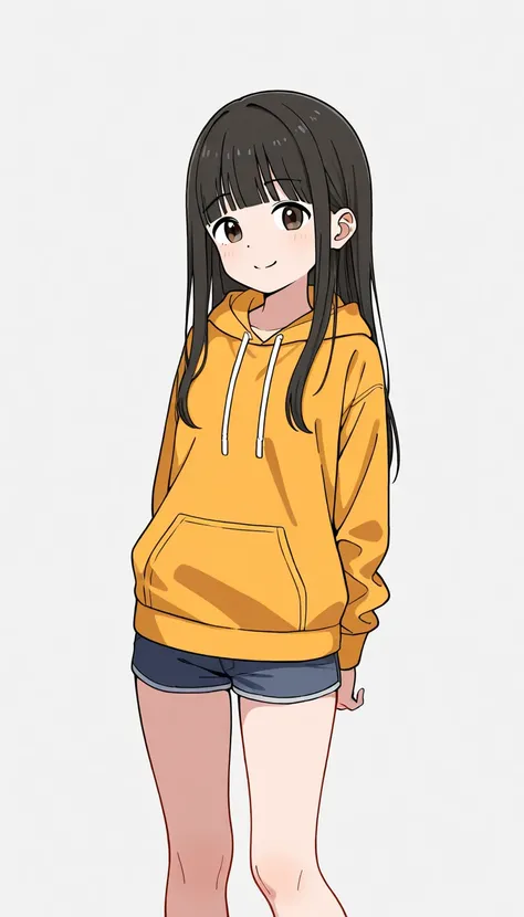 1 girl, 19yo, (smile:1.2),long black hair with blunt bangs, dark brown eyes,(white background), no simbol yellow orange hoodie,short shorts, left ear