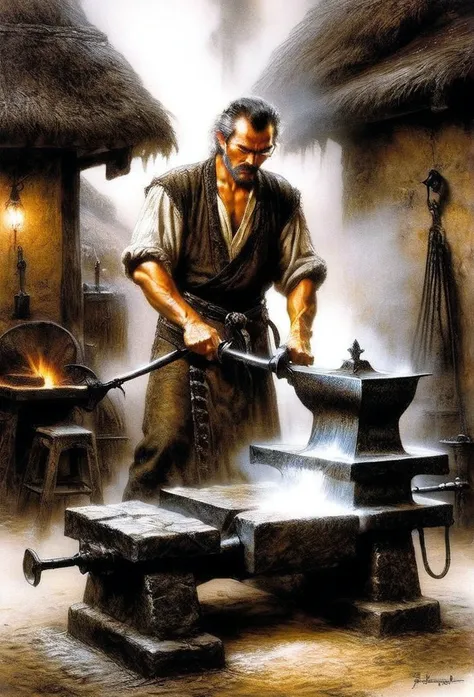 blacksmith forges iron, anvil ,  Guang Ling Ling  , in luis royo style