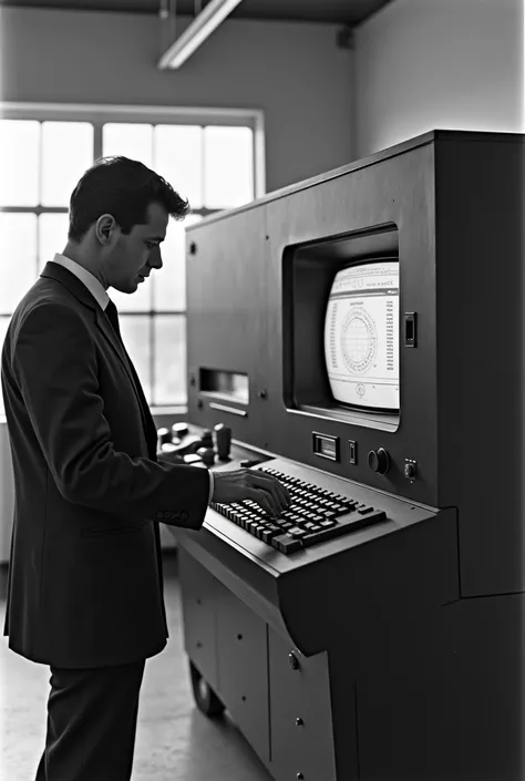 Give me a picture of computer makers standing next to the world's first computer. The tone of the picture is a bit old and black and white. There's no need to make the picture too bright and modern; a scene from the late 20th century will do.