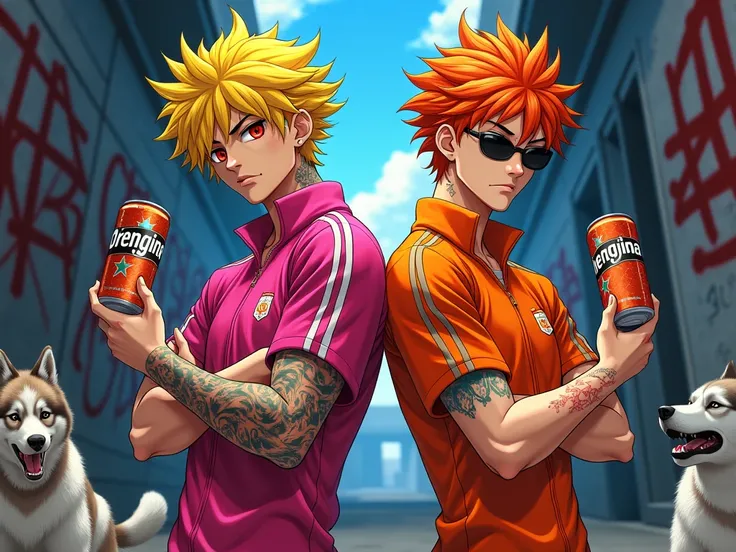 je veux 2 male de l'anime nojiro soccer drive saison 2 sauvage beaux gosse aggressif oc cheveux jaune et orange 
yeux ecarlate stylé artificiel 
uniform orange et rose lunnette de soleil 
cannette de orengina.tattoo.
regard sauvage.
Are in a dark alley ful...