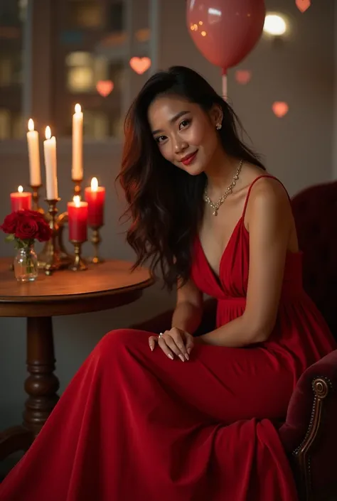 Show fto bbrpa meter dr camera A beautiful Indonesian woman smiling posture full of tousled hair with beautiful clasps wears a luxurious red dress pke jewels size beautiful long color bright red color unique style cool style wearing high heels sitting on a...