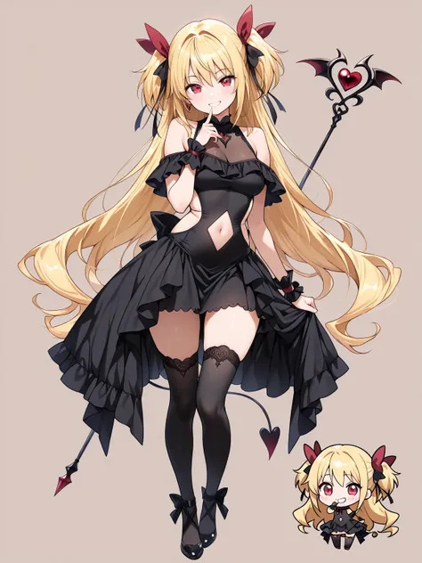 ((masterpiece, best quality, extremely detailed)), 1girl, (chibi, chibi only), blonde hair, long hair, red eyes, demon girl, fluffy, (magical girl, black dress, off-shoulder dress, sleeveless dress, navel cutout, see-through navel, side cutout, see-through...