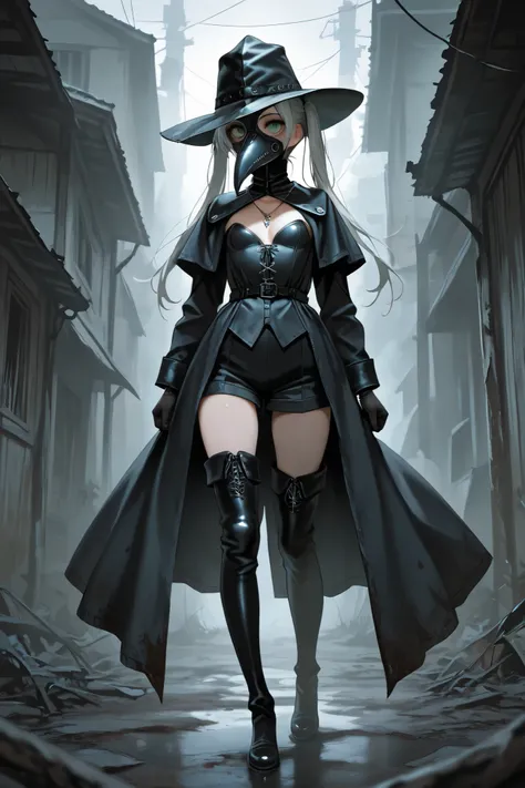 masterpiece,best quality,amazing quality,very aesthetic,beautiful eyes,beautiful skin,beautiful hair,beautiful face,1girl,silver long twintail hair,green eyes,slender,skinny,petite,very young,small breastes,(plague mask:1.2),  (Plague Doctor Costume:1.2),c...