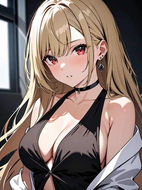 バニーガール, カーボーイショット, kitagawa marin, 1girl, blonde hair, long hair, multicolored hair, red eyes, jewelry, earrings, piercing, black choker, masterpiece:1.5, masterpiece, highest quality, UHD, retina, masterpiece, accurate anatomy, super detailed, high qualit...