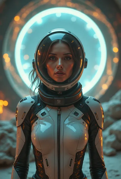 Female in space suit, stands in front of portal ,looking at viewer, medium closeup shot, retro-futuristic, character design, cinematic lightning, epic fantasy, hyper realistic, Mobius style