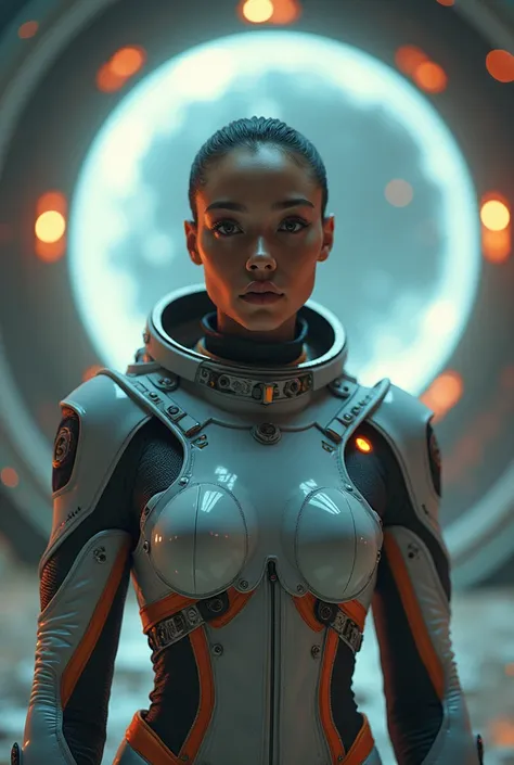 Female in space suit, stands in front of portal ,looking at viewer, medium closeup shot, retro-futuristic, character design, cinematic lightning, epic fantasy, hyper realistic, Mobius style