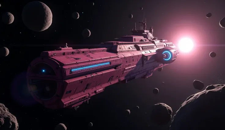  realistically.4K HD:, A espaçonave Cruzador stellar,  shaped like an imposing armoured warship,  is a shade of metallic pink , a luz da estrala banha seu longo casco de forma sutil formando sombras  realistically e destacando sua estrutura robusta.  With ...