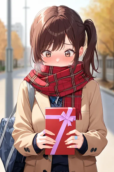 1girl, solo, brown hair, brown eyes, side ponytail, brown jacket, plaid scarf, scarf over mouth, fingernails, bandaid fingers, embarassed, holding gift, Valentine, school bag, masterpiece, best quality, good quality, amazing quality, very aesthetic, absurd...