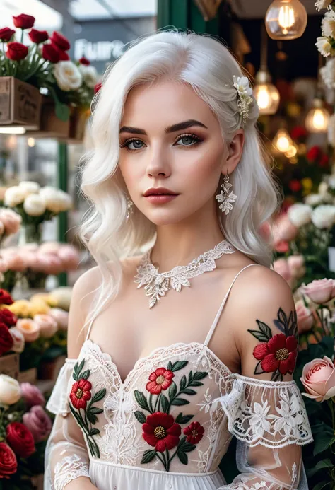 A beautiful European woman with white hair, with a perfect face, makeup, dressed in a lace dress with embroidery standing in front of a flower store. There are flowers on the ground, and she has a tattoo and a sad expression on her shoulders. Soft light cr...