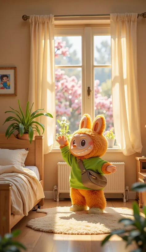 An early morning scene inside a cozy bedroom bathed in soft sunlight. Labubu, a cheerful orange character, is seen stretching with a wide smile. He wears a bright green shirt and a trusty shoulder bag hanging by his side. The room is simple and warm, with ...