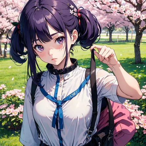 avatar，First place girl， long purple hair，The top of the hair is ，Aho， wearing a white and blue shirt，With a collar， has a gentle expression ，Under the cherry blossom trees