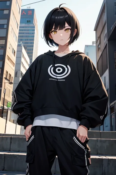   Hi-Res,   boyish,    in the seat,  black hair, Sporty shortcuts,   asymmetrical hairstyle  ,  Asymmetrical bangs,   yellow eyes,  Eyes with three beautifully shaped circles in the middle,  Skater Style Street Fashion, slightly oversized bottoms,  is stan...