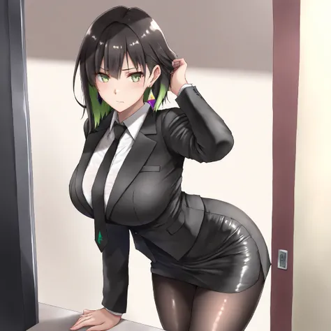 masterpiece, (((( best quality )))),,,shiny skin,, wearing a black suit, black tie , tight skirt, black tights, dark hair, short bob hair,The inner color of the hair is green, green eyes,isosceles triangle earrings,,,,large breasts,