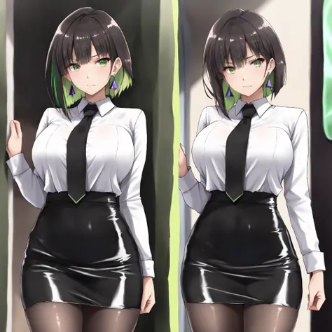 masterpiece, (((( best quality )))),,,shiny skin,, wearing a black suit, black tie , tight skirt, black tights, dark hair, short bob hair,The inner color of the hair is green, green eyes,isosceles triangle earrings,,,,large breasts,