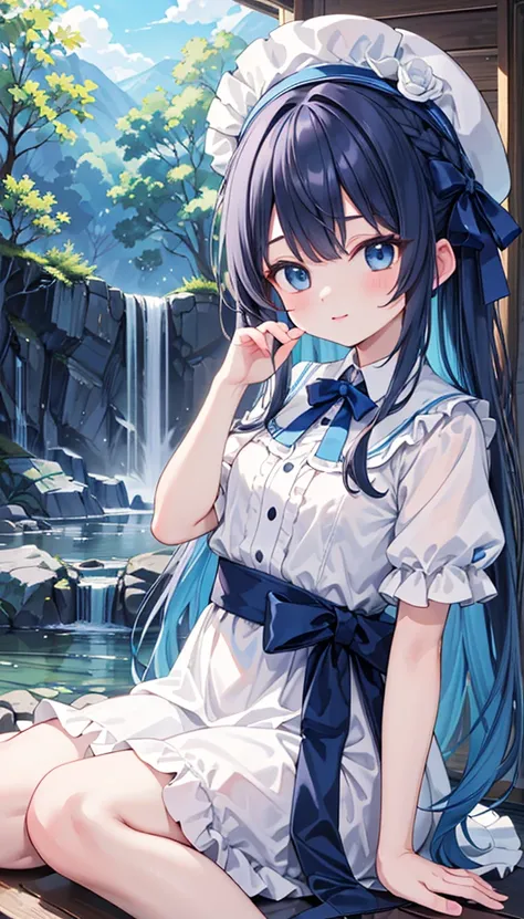  (8k,  top quality,  Masterpiece:1.2),  dark blue hair ,   , ,  comical ,  white ruffle dress , long ruffle  ,  ,   ruffle hat white  , river, Iwabe, waterfall, tree,  vibrant colors,  Soft Lighting , （More sophisticated anime eyes :1.5） long hair， random ...