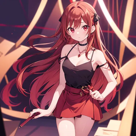 red brown golden hair 、 Red Eyes 、  1 good looking girl、Alone、Anime、 check mini skirt、  black camisole、  black t-shirt 、 dress、 ribbon all by himself、Ribbon on waist、  crystal earrings 、 Gemstone Necklaces 、 Light and Shadow 、Tilt &#39;Face、 teeth inside、P...