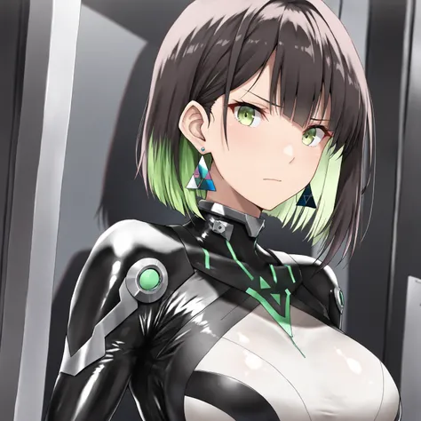 masterpiece, (((( best quality )))),,,shiny skin, wearing a black pilot suit, dark hair, short bob hair,The inner color of the hair is green, green eyes,isosceles triangle earrings,,,large breasts,