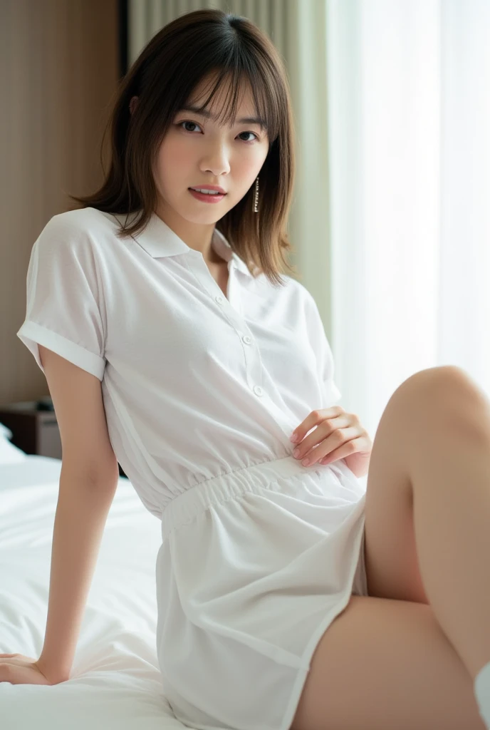 (Masterpiece, Best quality: 1.5), (Ultra realistic, Photo-realistic: 1.4), (nsfw:1.2), Natural light, 20 years old actor, Japanese woman, Neat and clean, (Short wavy hair:1.1), ((Wearing white tennis uniform, White short-sleeve polo shirt with collar: 1.3)...