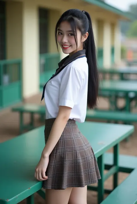 Real photos High-quality Realistic of thai woman, Beautiful girl (((large breast , big breast , nsfw))) , Best Quality, 20 years old thai girl in a school uniform astanding near a green metal table,  She is wearing a white shirt(((large breast , big breast...