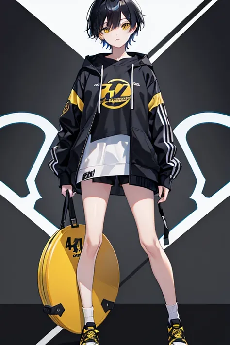   Hi-Res,   boyish,    in the seat,  black hair, Sporty shortcuts,   asymmetrical hairstyle  ,  Asymmetrical bangs,   yellow eyes,  Eyes with three beautifully shaped circles in the middle,  Skater Style Street Fashion, slightly oversized bottoms,  is stan...