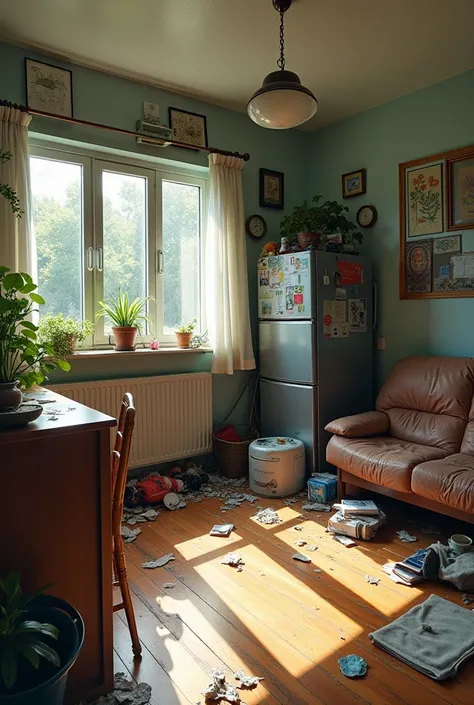  I'm at my parents' house .  Last night there was a party and the place is very messy . There's a plant on the table ,  there are three chairs on the ceiling .  There's a bin in the entrance .  There are two bicycles on top of a tree and there's a refriger...