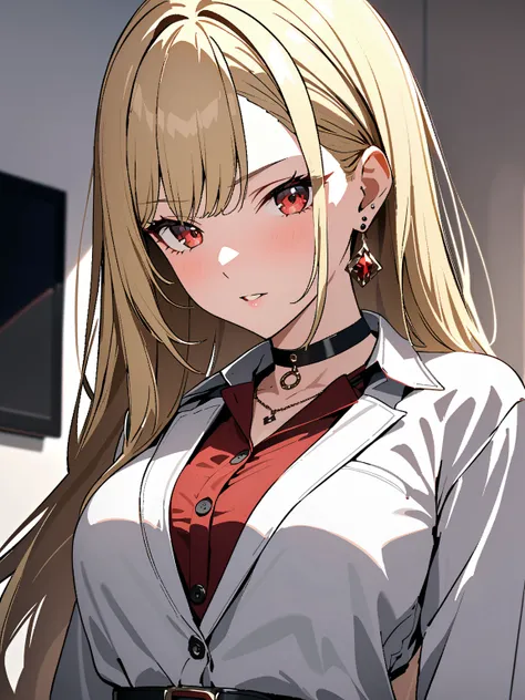 バニーガール, カーボーイショット, kitagawa marin, 1girl, blonde hair, long hair, multicolored hair, red eyes, jewelry, earrings, piercing, black choker, masterpiece:1.5, masterpiece, highest quality, UHD, retina, masterpiece, accurate anatomy, super detailed, high qualit...