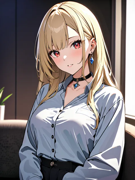 バニーガール, カーボーイショット, kitagawa marin, 1girl, blonde hair, long hair, multicolored hair, red eyes, jewelry, earrings, piercing, black choker, masterpiece:1.5, masterpiece, highest quality, UHD, retina, masterpiece, accurate anatomy, super detailed, high qualit...