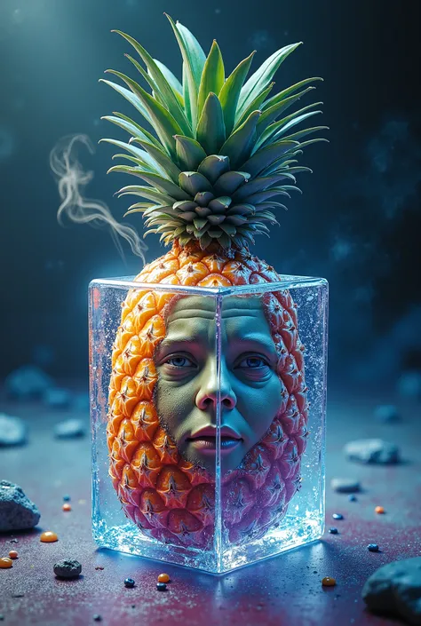 A psychedelic pineapple with a smoking face inside an ice cube