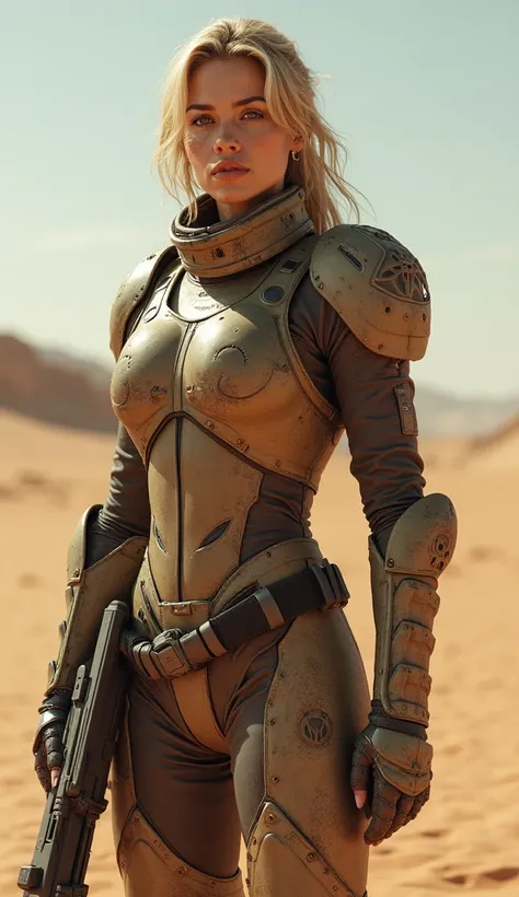 character, retro-futuristic post-apocalyptic desert security force, female peacekeeper, open desert, wide angle, forged armor, futuristic weapon, energy rifle, cinematic, HDR, 8k, Mobius style