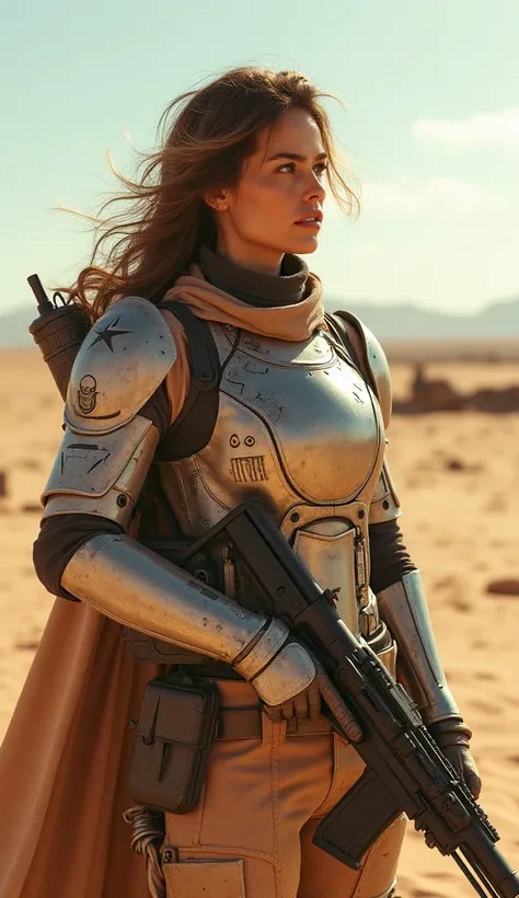 character, retro-futuristic post-apocalyptic desert security force, female peacekeeper, open desert, wide angle, forged armor, futuristic weapon, energy rifle, cinematic, HDR, 8k, Mobius style