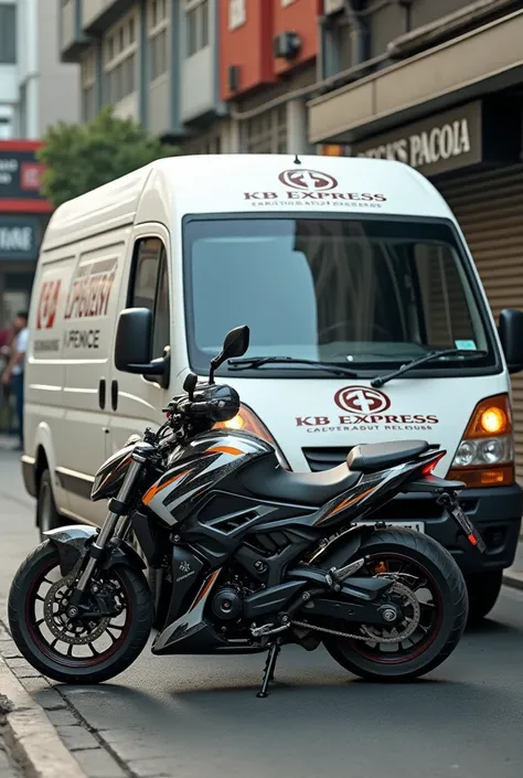 Create an image with a van and a black and white delivery motorcycle, With the company name "kb express"