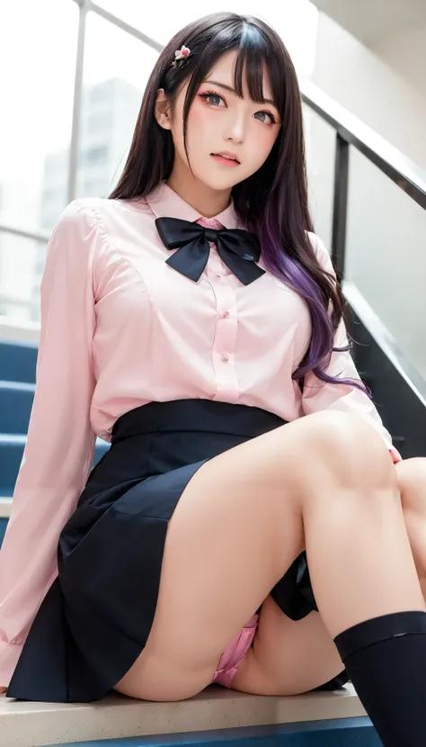  masterpiece ,    top quality,     girl ( Eyeliner、     beautiful eyes  ,     Round Eyes,    slightly angry face  ),(     black hair+++,    purple hair、   Bicolor Hair    ,    multicolor hair),     long hair,       black hair bow,   pink cheeks,     pink s...