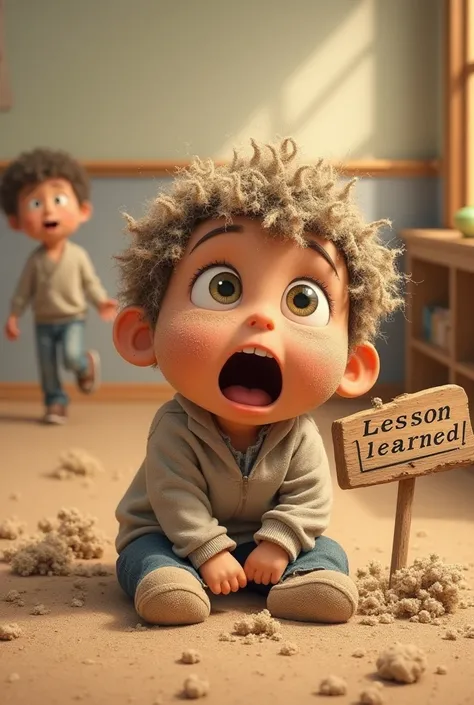 A cartoon character covered in dust , with a big surprised expression ,  sitting on the floor after a fall . At your side,  a sign that says " Lesson learned ". In the background,  another character extends their hand to you with a smile.