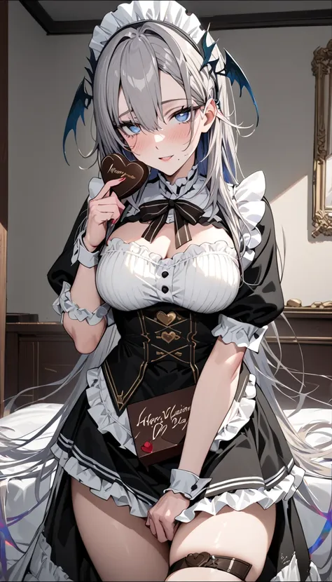    front view、room、 maid outfit、   happy valentine 、Give Valentine's Day chocolate、   upper body+   thighs（ cowboy shot）、 Brush、   staring at you  、  masterpiece,   top quality ,     very detailed on trends  ,     complicated  ,   More details,    beautifu...