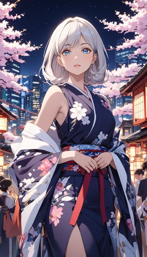 This is an illustration of an anime girl with a perfect hourglass figure, white hair and tanned Japanese skin in a new and vivid pose. She is wearing a kimono with graceful curves that reflect the golden ratio, adorned with a contemporary design that signi...