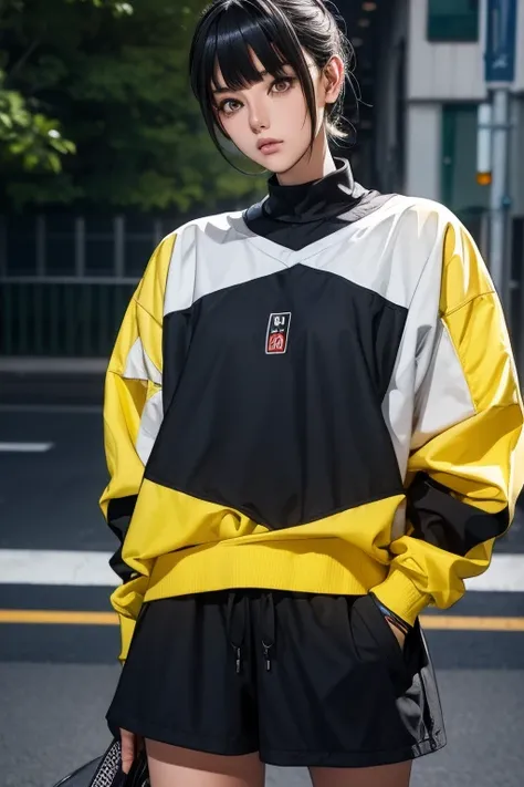   Hi-Res,   boyish,    in the seat,  black hair, Sporty shortcuts,   asymmetrical hairstyle  ,  Asymmetrical bangs,   yellow eyes,  Eyes with three beautifully shaped circles in the middle,  Skater Style Street Fashion, slightly oversized bottoms,  is stan...