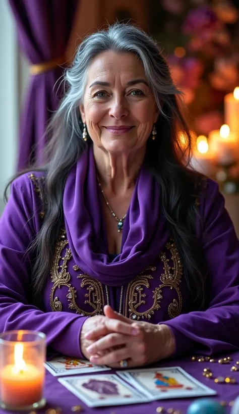 "A fortune teller around 50 years old, facing forward and gazing directly at the camera with a mysterious and enigmatic expression. She is dressed in purple garments adorned with intricate details, such as golden embroidery and sparkling stones. Her long, ...