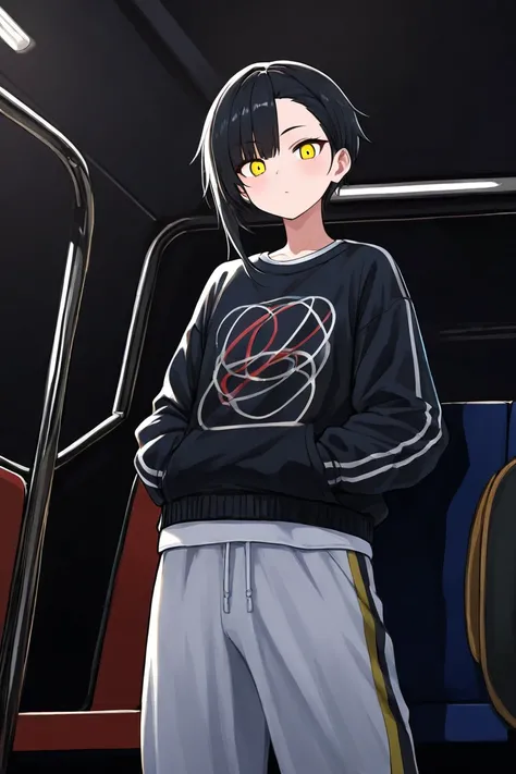   Hi-Res,   boyish,    in the seat,  black hair, Sporty shortcuts,   asymmetrical hairstyle  ,  Asymmetrical bangs,   yellow eyes,  Eyes with three beautifully shaped circles in the middle,  Skater Style Street Fashion, slightly oversized bottoms,  is stan...