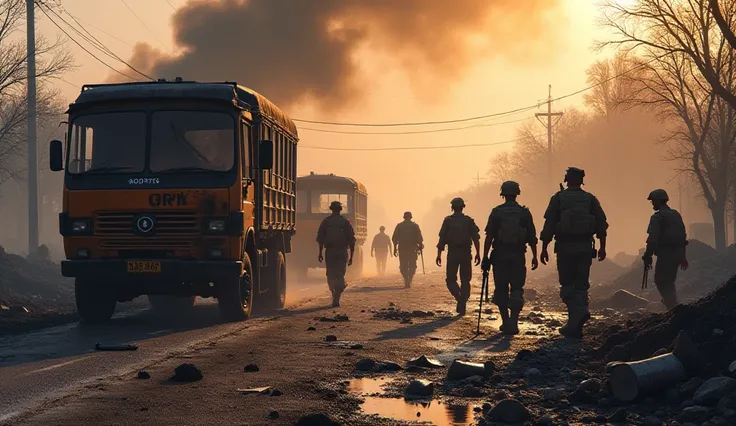 "A realistic HD digital painting showing the aftermath of the Pulwama attack-charred CRPF vehicles, debris Scattered across the road Smoke still rising, and injured soldiers being helped by their Comrades. The scene is filled with sorrow and devastation."