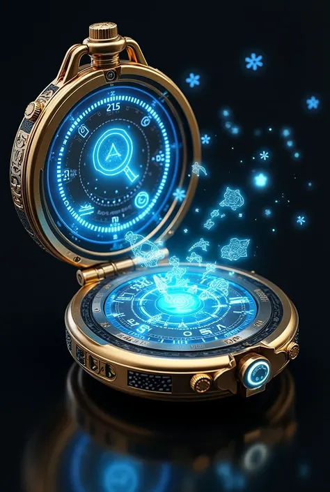 A sleek, futuristic pocket-watch-style transformation device with a steampunk and detective theme. The device, called 'MystaChanger,' has a metallic gold and black casing with intricate gear motifs on the edges. When opened, the inside reveals a holographi...