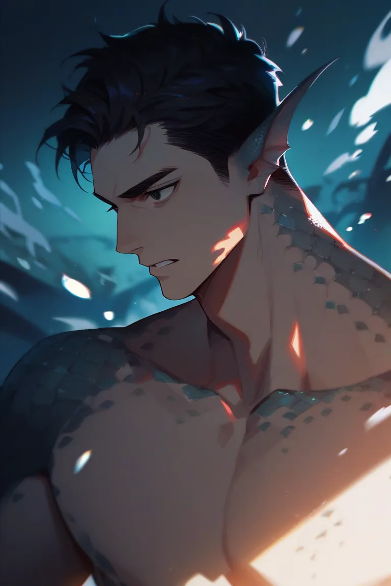 Male character, Humanoid sea monster, Half-human, half sea monster, Fins ears, Scales on skin, Dark hair, Intimidating and dominant expression, Handsome, Black eyes, Shirtless; Dark, Eerie, and Psychopathic theme.