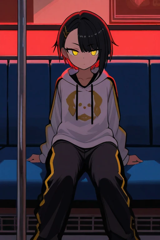   Hi-Res,   boyish,    in the seat,  black hair, Sporty shortcuts,   asymmetrical hairstyle  ,  Asymmetrical bangs,   yellow eyes,  Eyes with three beautifully shaped circles in the middle,  Skater Style Street Fashion, slightly oversized bottoms,  is stan...