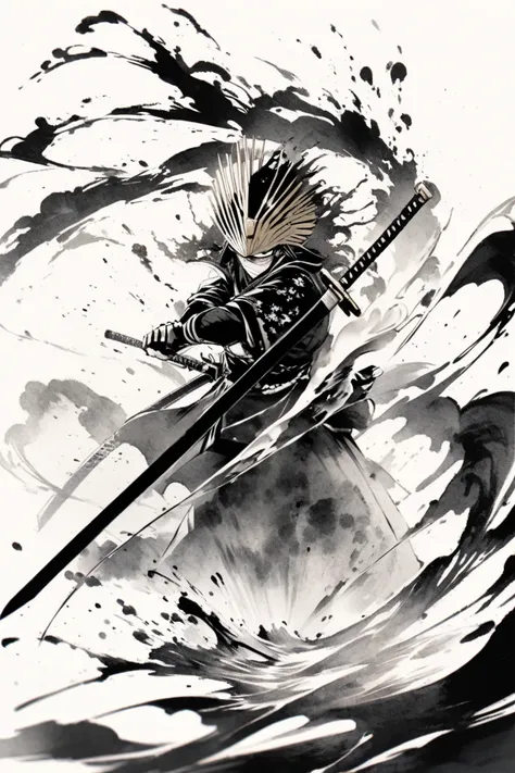   black and white painting  ,Ink painting,  splash floating in the sea,  samurai、Draw your sword、  Has a white background  、Heishiro Mitsuro、Oda Nobunaga、 is cool