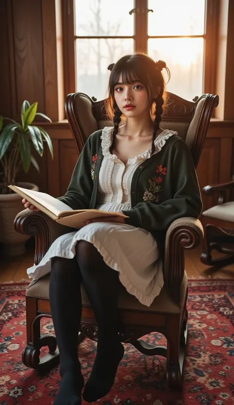 The photo shows the entire body of a 20-year-old woman reading one book and sitting comfortably in an antique rocking heavy chair in an antique living room with a deep carpet and a sunset shining through it.
Her beautiful black hair is braided into two pon...